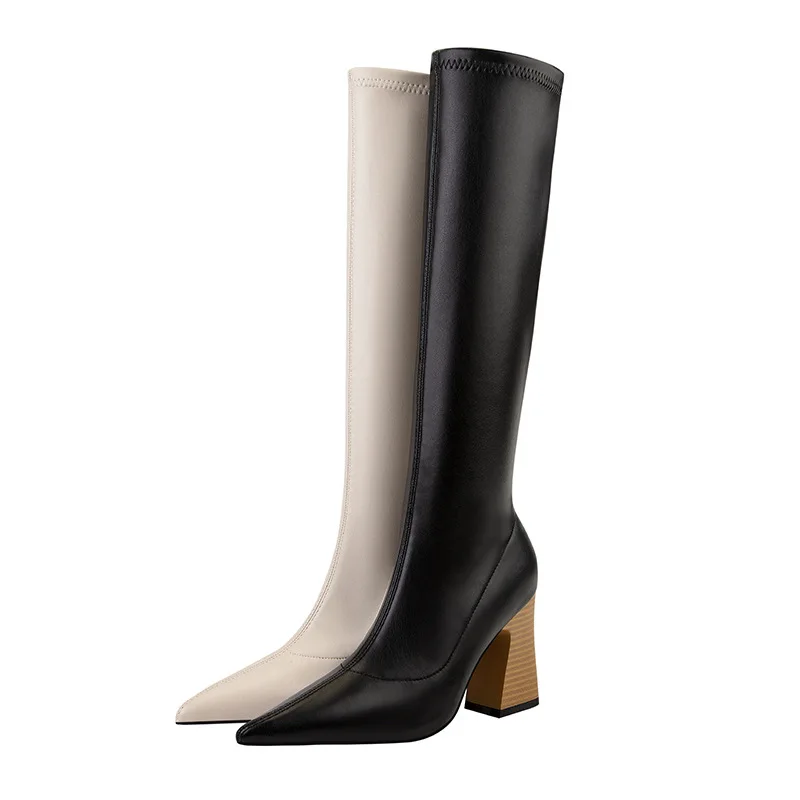 2022 Fashion Women 8.5cm Black Block High Heels Long Boots New Winter Warm Knee High Boots Soft Leather Thigh High Boots