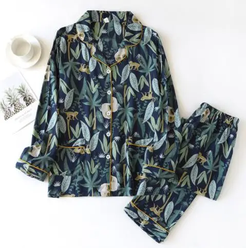 Ladies Pajamas Two-piece Viscose Long-sleeved Trousers Big Flower Cardigan Comfortable Home Service Set Pyjama  Loungewear