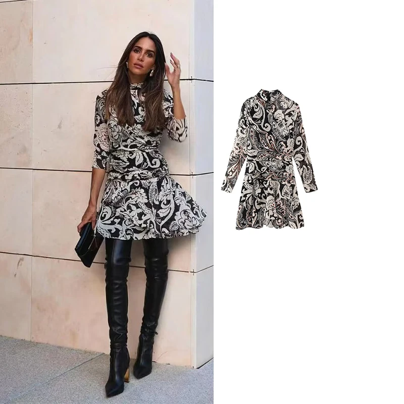 

TRAF Vintage Printed Dress Woman Ruched Short Dresses For Women 2023 Autumn Long Sleeve Casual Mini Dresses Female Party Dress