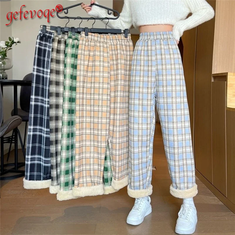 

Vintage Plaid Print Streetwear Harajuku Loose High Waist Trousers Winter Women's Plus Velvet Casual Kpop Straight Wide Leg Pants