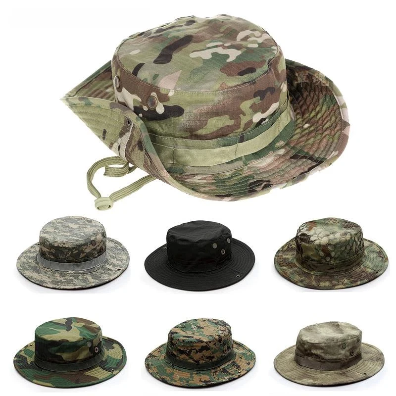 Купи Camouflage Boonie Hat Tactical US Army Bucket Hats Military Multicam Panama Summer Cap Hunting Hiking Outdoor Camo Sun Caps Men за 353 рублей в магазине AliExpress