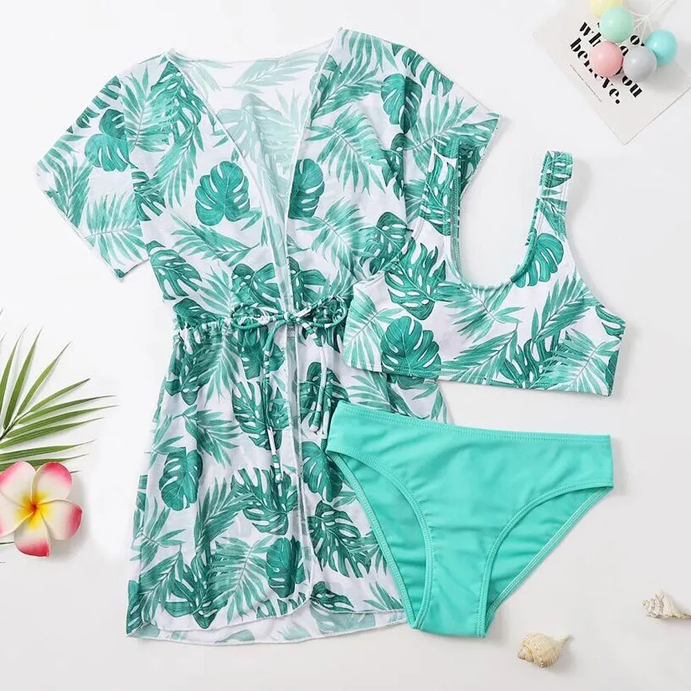 

Girls 3pack Tropical Plant Print Bikini Swimsuit&Kimono 7-14 Years Children's Swimwear 2023 Summer Bathing Suit Swim Beachwear