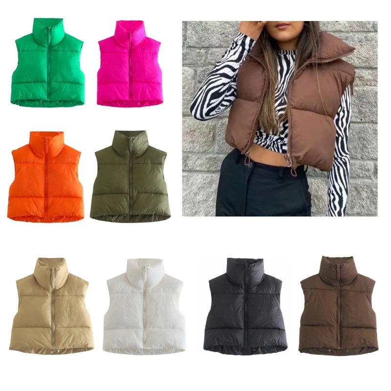 

Winter Solid Lightweight Crop Puffer Vest Women Zipper Up Padded Gilet Outwear