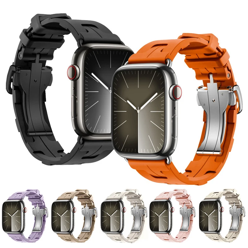 

Силиконовый ремешок с пряжкой-бабочкой для Apple Watch Ultra 2 1 49 мм ремешок 44 мм 45 мм 40 мм 38 мм 41 мм 42 мм спортивный браслет iWatch 9 8 7 SE