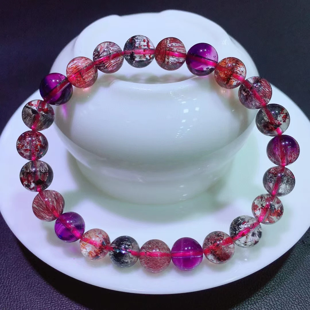 

Natural Purple Super 7 Red Lepidocrocite Quartz Bracelet 8.3mm Woman Men Colorful Rutilated Quartz Clear Round Beads AAAAAAA
