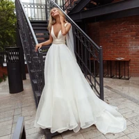 sexy a line deep v neck wedding dress 2022 simple sleeveless off the shoulder bridal gown backless tulle train vestido de noiva