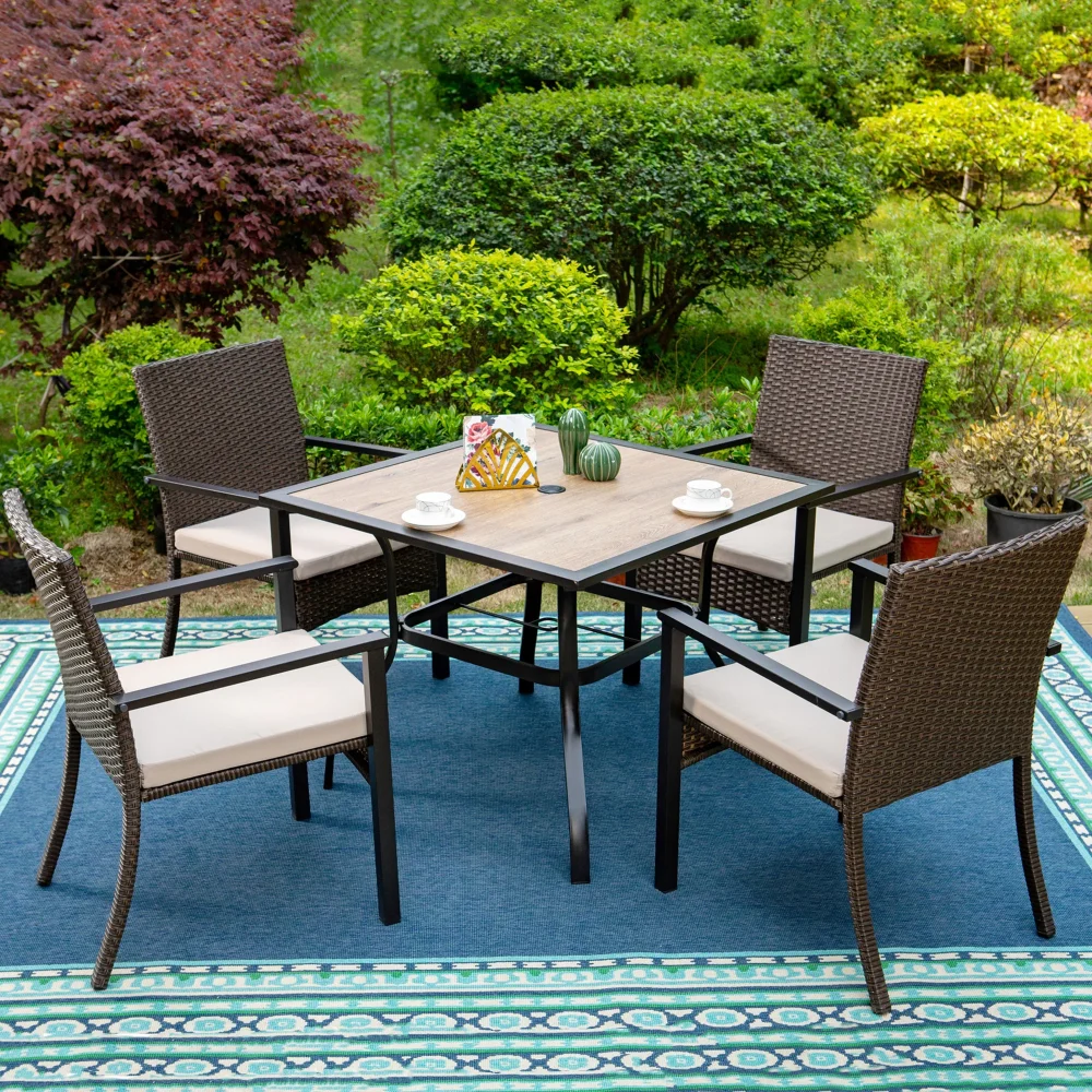 

MF Studio 5-Piece Outdoor Patio Dining Set with 4 PCS Rattan Cushioned Armchairs& 1 PC Square Table, Dark Brown