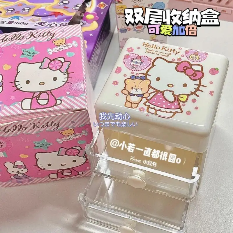 

Новый милый ящик для хранения Sanrio HelloKitty Mymelody Cinnamoroll, ящик для ювелирных изделий, Настольная портативная двухслойная шкатулка для хранения для девочек