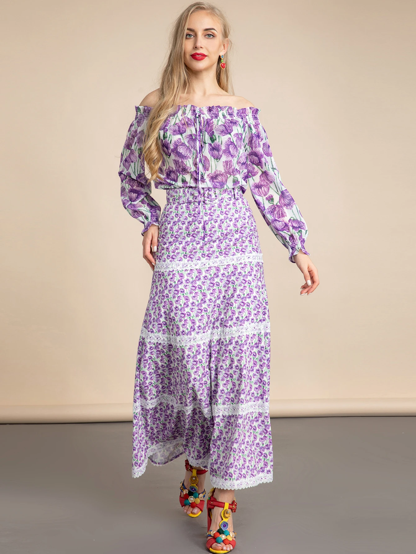 LD LINDA DELLA 2022 Summer Runway Fashion Vacation Skirt Suit Women's Purple Long sleeve Floral Blouse and Skirts 2 Pieces Set