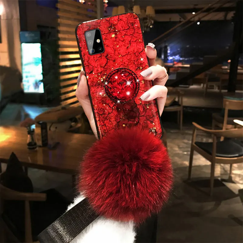 

Luxury Fur Ball Lanyard Case For Samsung Galaxy A51 Phone Holder Silicone Cover On A 51 71 70 A22 A52S A12 A72 A52 Coque Cases