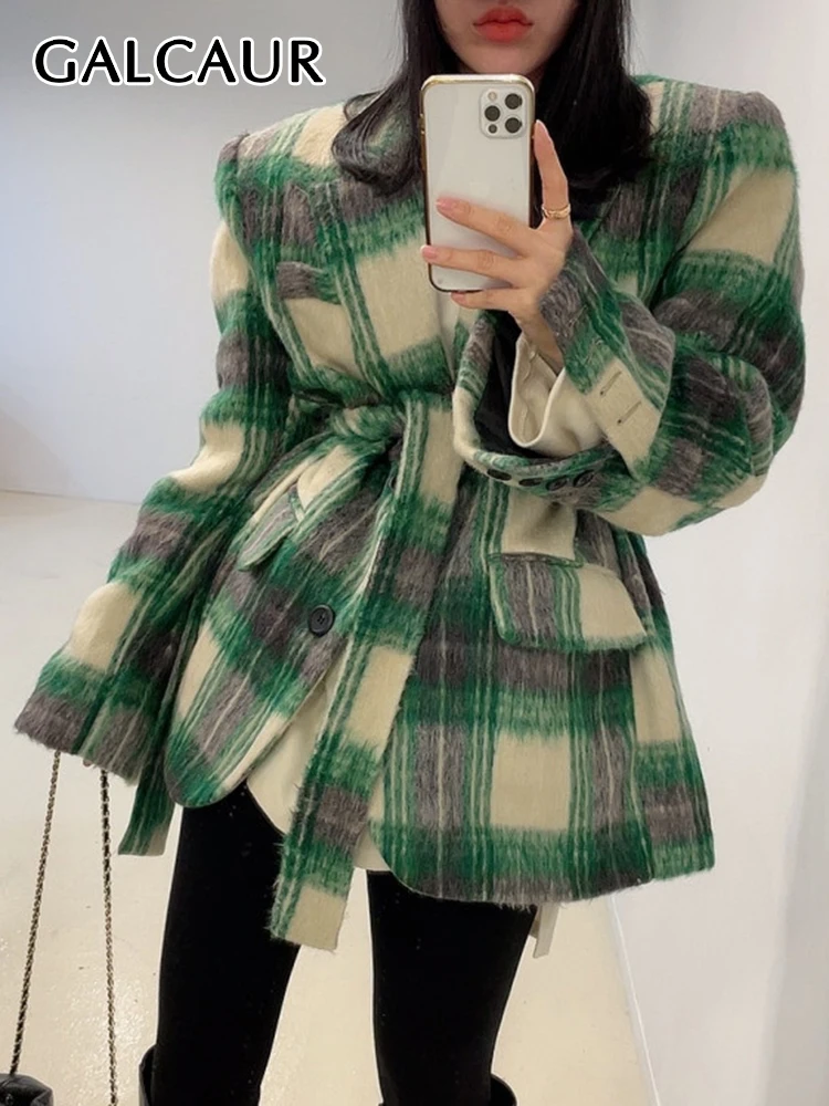 

GALCAUR Hit Color Plaid Blazer For Women Notched Collar Long Sleeve Patchwork Lace Up Vintage Blazers Female Clothing 2022 Style