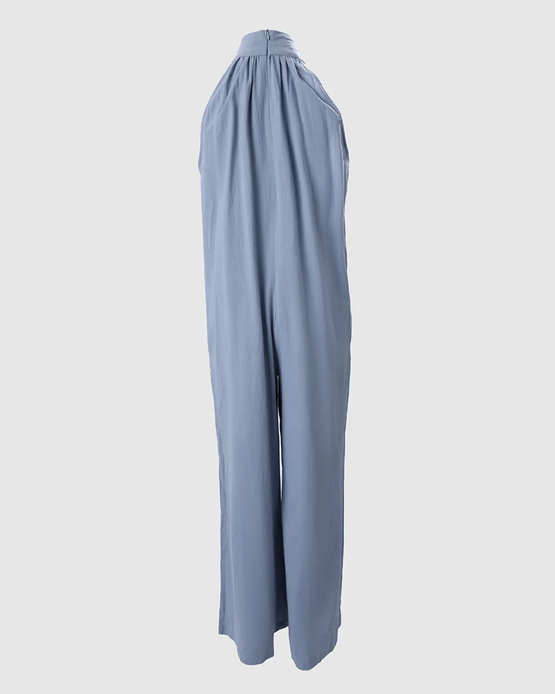 Women Fashion Solid Color Mock Neck Oneise Casual Loose Oversize Daily Sleeveless Pocket Detail Wide Leg Jumpsuit