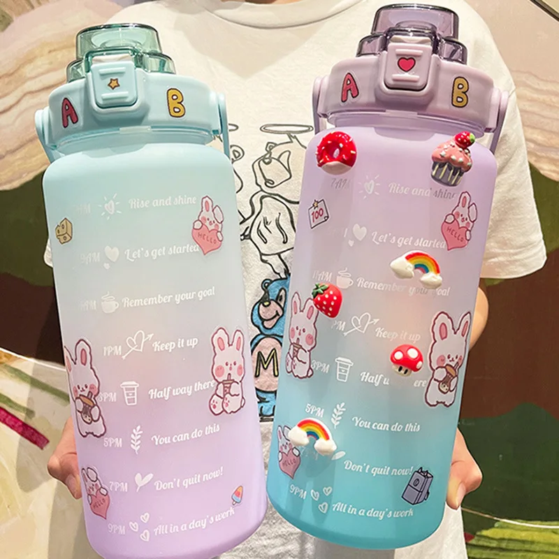 

2000ml Stickers Water Bottle with Straw Cute Gradient Color Portable Free Motivational With Time Marker Sports Cup Drop Shipping
