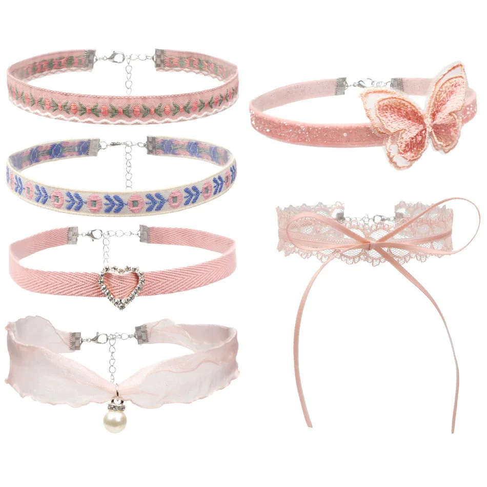 

Pink Sexy Heart Chain Necklace for Women Flower Leaf Pearl Butterfly Bow Lace Chokers Lady Jewelry Accessories Girl Gift
