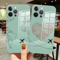 luxury popular planes world map travel glass silicone case for iphone 13 pro max 12 pro max 11 pro max 13 mini light cyan cover