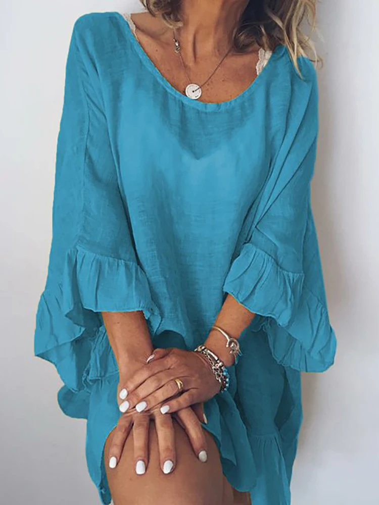 Женское свободное пляжное платье накидка на бикини однотонная мини-юбка с