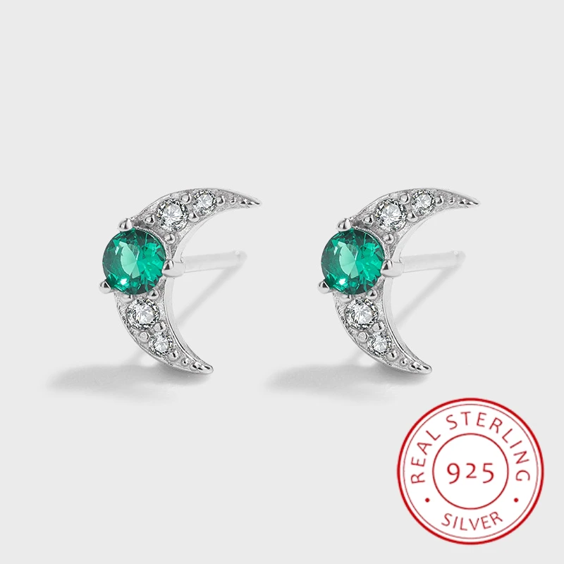 

New Fashion Big Emerald Moon Full Diamond Lady's Stud Earrings Earrings S925 Original Genuine Sterling Silver Jewelry Gift