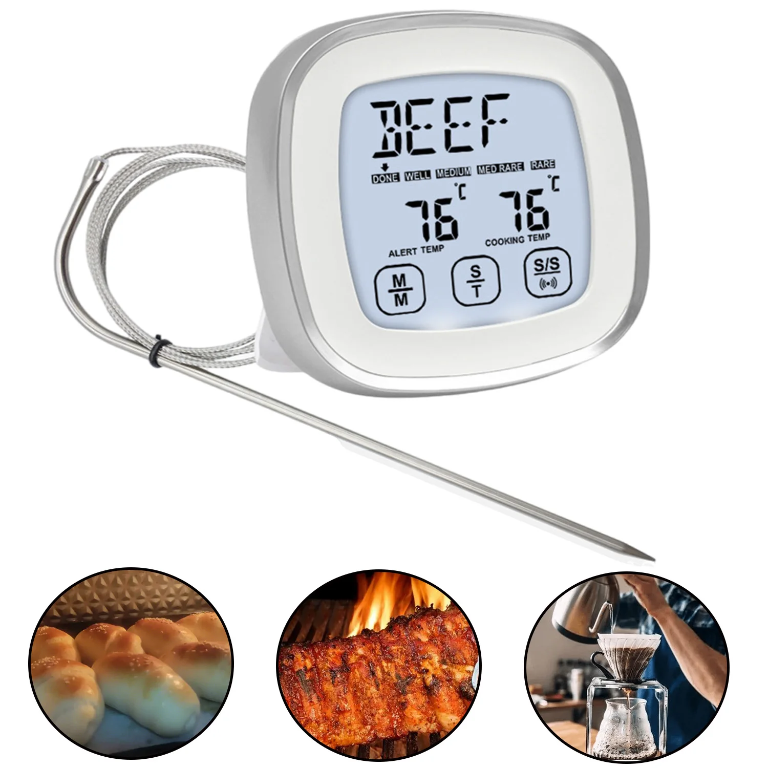 

Food Thermometer,Measurement Range 0℃~250℃,Waterproof Instant Read Thermometer for Kitchen Cooking Milk Coffee Barbecue Toast