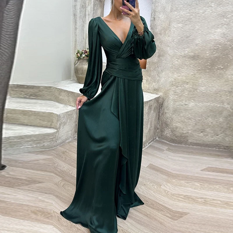 

Новинка 2023, Длинное Элегантное Атласное Плиссированное женское вечернее платье, Осеннее модное платье с V-образным вырезом и оборками, платье с рукавами-фонариками