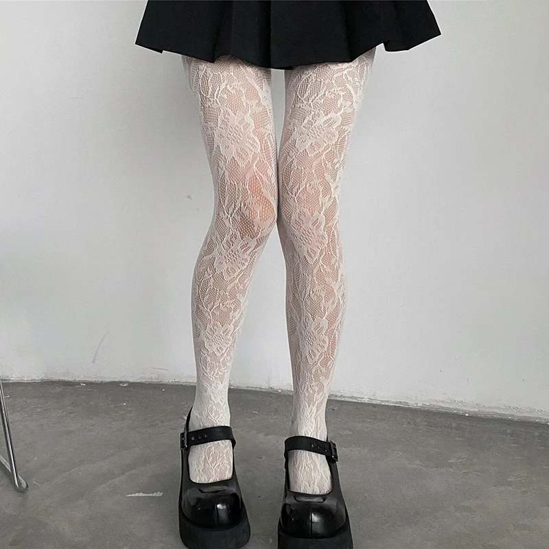 

Lolita Lace Tights Women Black White Flower Mesh Stockings Transparent Thin Pantyhose Collant Femme Sexy Stocking