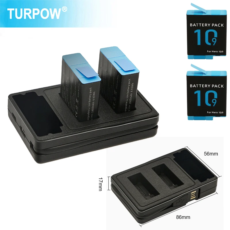 

Powtree 2000mAh Go Pro Batterie Rechargeable for GoPro Hero 10 Hero 9 2 Ways LED Light charger for GoPro black camera accessory