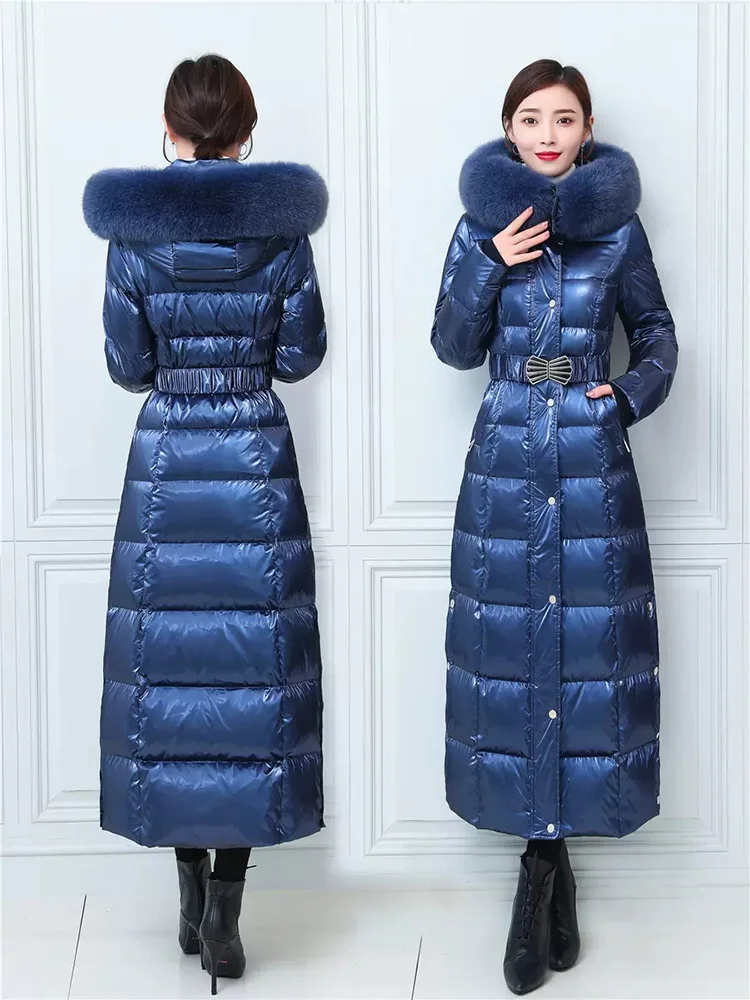 New Women Winter Down Coat Wash Free Glossy Surface Real Fox Fur Collar Thicken Warm Down Jacket Fashion Belt Slim Overcoat