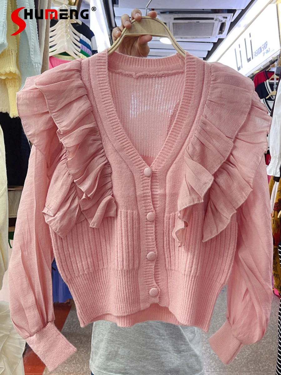 

2022 Autumn New Female Fashion Sweet Ruffled V-neck Cardigan Sweater Coat Women's French Gentle Chiffon Patchwork Knitting Top