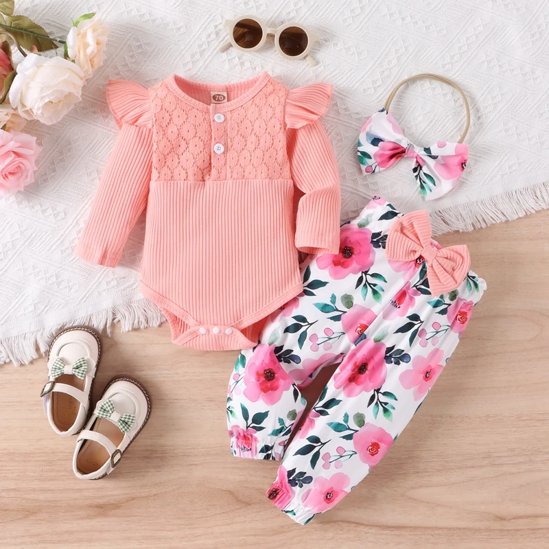 

Baby Girl Fall Outfits Floral Lace Rib Knit Ruffle Long Sleeve Rompers Flower Print Pants Bow Headband 3Pcs Clothes Set