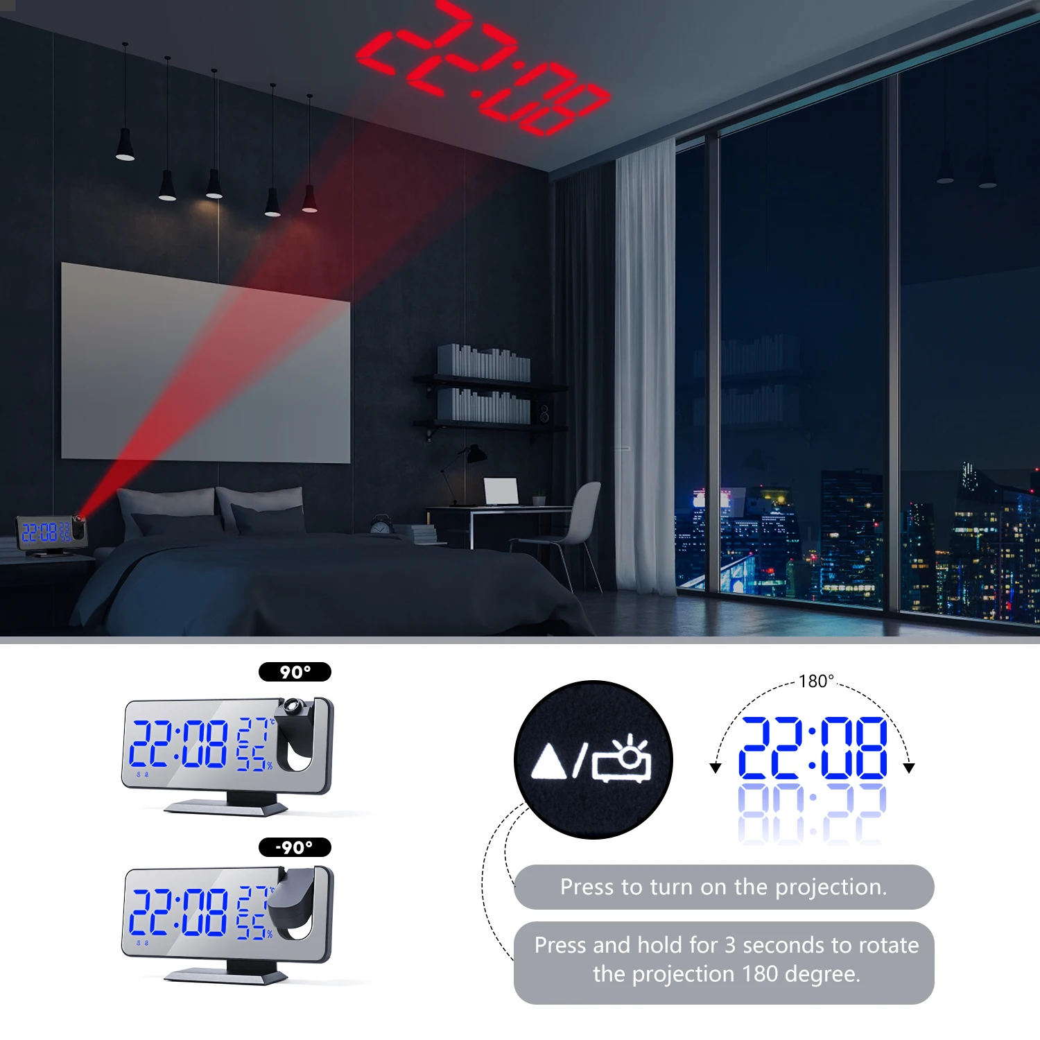 FM Radio LED Digital Smart Alarm Clock Watch Table Electronic Desktop Clocks USB Wake Up with 180° Projection Time Snooze | Дом и сад