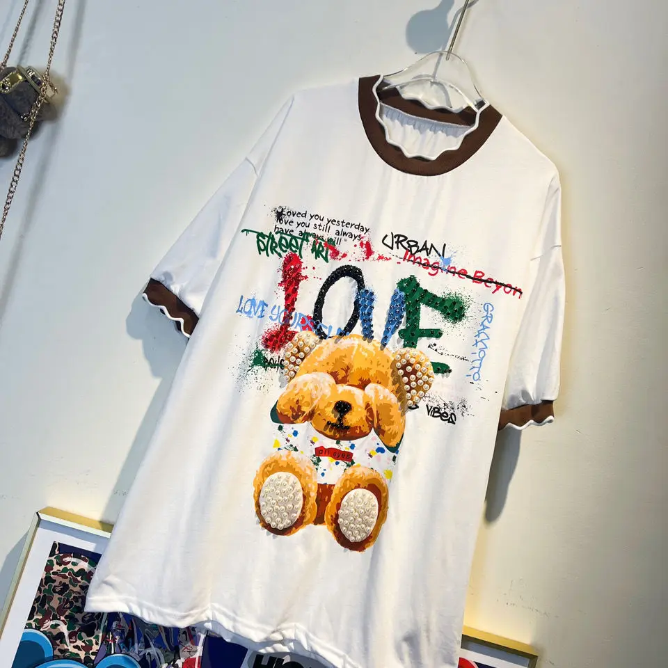 

Oversize T-shirt for Women 2022 New Summer Fashion O-neck Mid-long Short Sleeve Top Cartoon Beaded Bear Loose Casual Tees Trendy