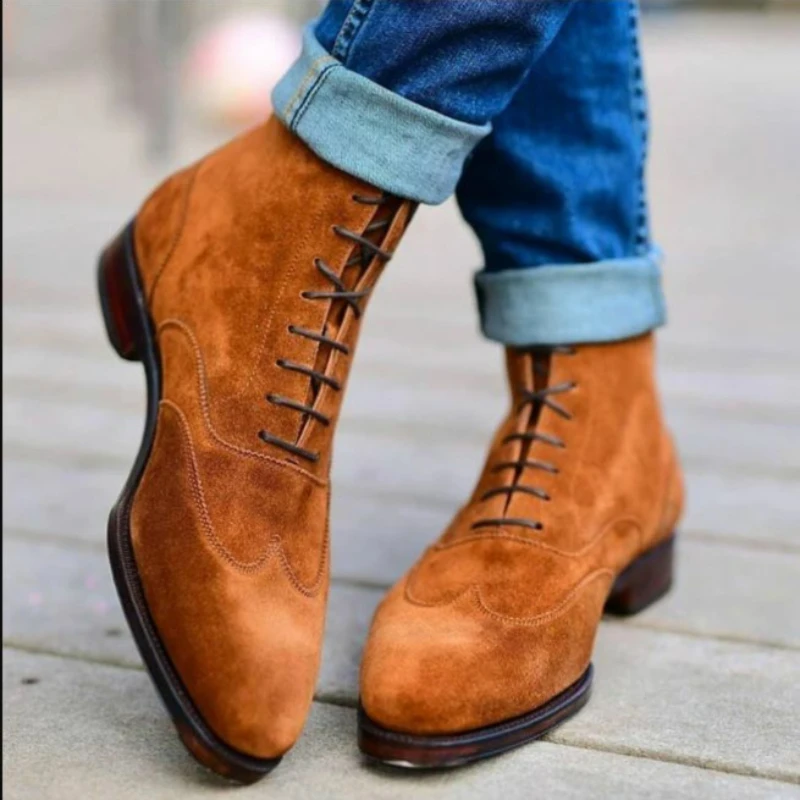 

New Fall 2021 Men's Faux Suede Tan High Top Lace Up Boots Men's Casual Classic Boots Knight Boots Fashion Versatile 5KE411