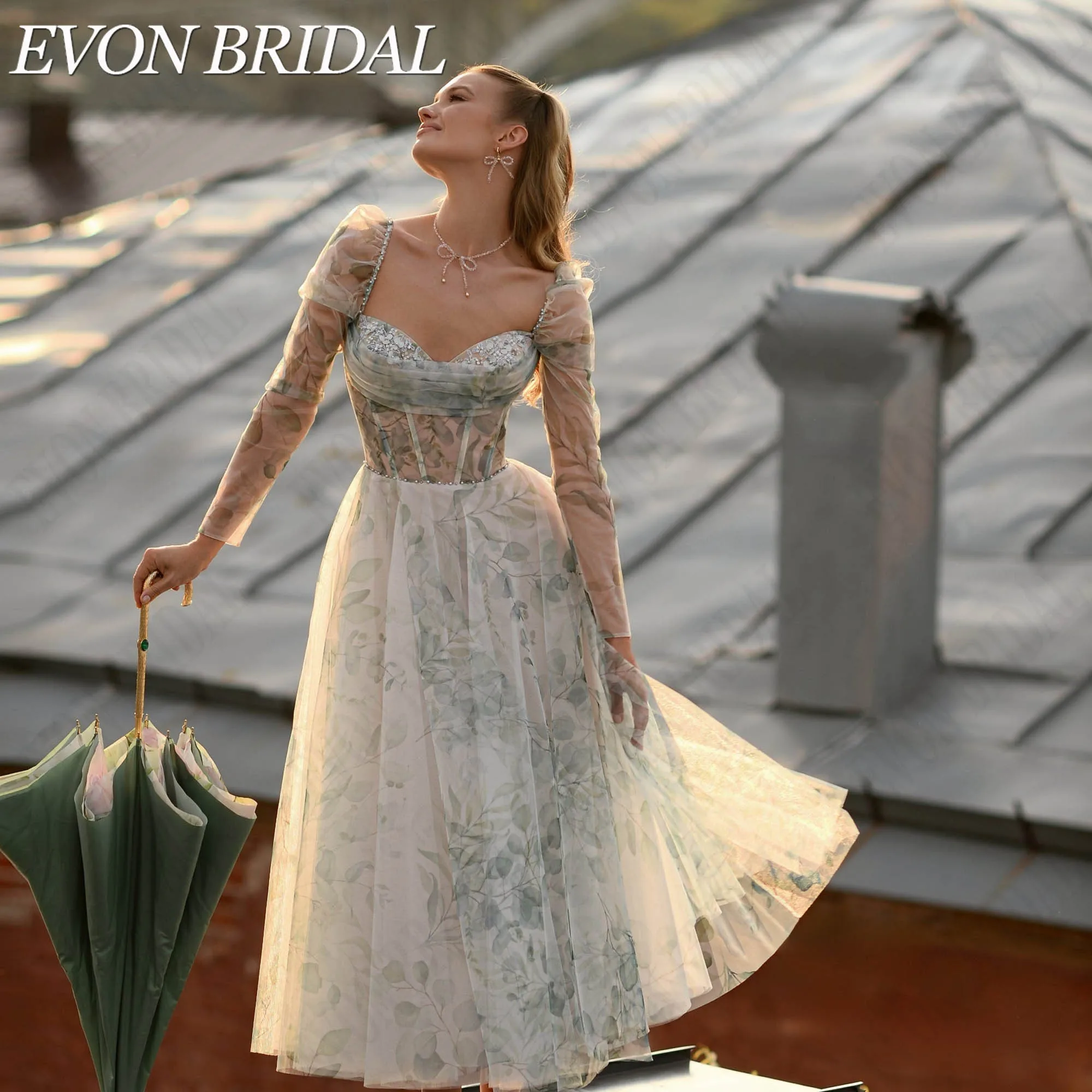 Фото EVON BRIDAL Платья На Выпускной А-Силуэт Из Тюля Чайная Длина Сердечный Вырез Пышные Короткие Рукава Прилегающий Корсет Изготовлено На Заказ Платье На День Рождения Элегантное Платье На Бал Роскошное Платье На Галa №1