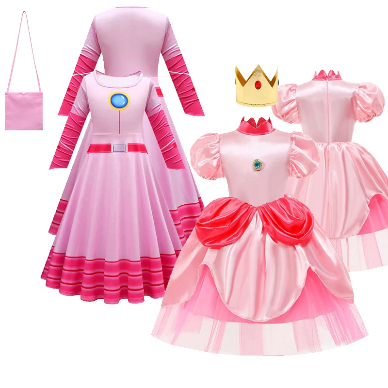 

Princess Cos Peach Cosplay Costume Dress Bag Kids Girls Pink Dress Outfits Gauze Skirts Halloween Carnival Party Roleplay Suit