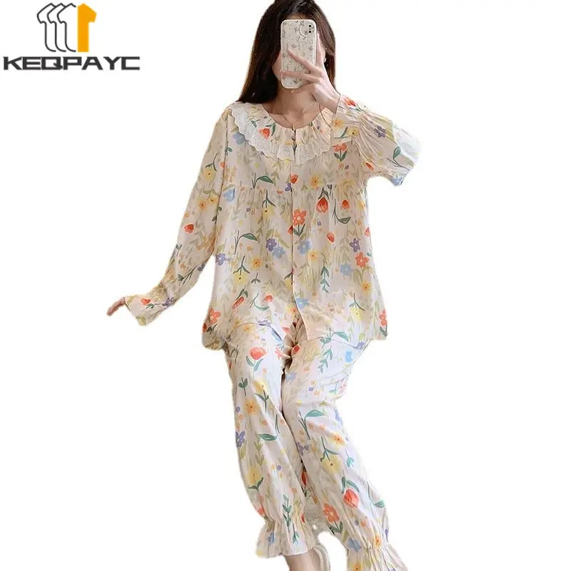 Women's Pajamas New Spring Autumn Long Sleeve Lace Cardigan Thin Sleepwear Women Flower Print Casual Nightwear Clothing Sets