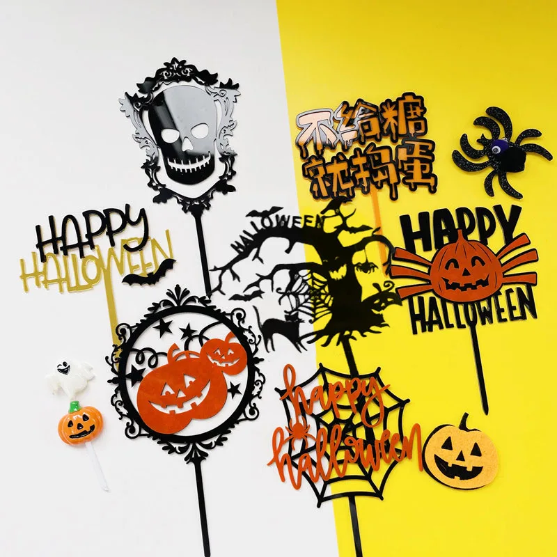 

Acrylic Happy Halloween Spider's Web Party Decorations Pumpkin Baking Decor Bat Black Cat Dessert Decorations