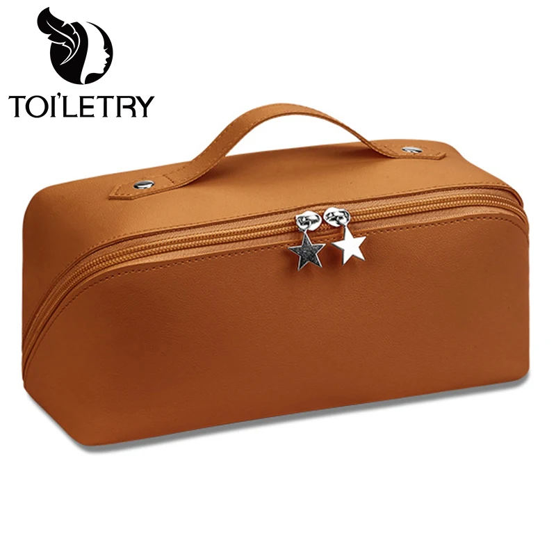

Toiletry Cosmetic Bag Solid Color Hard Pu Leather Pillow Cosmetic Bags For Women Makeup Organizer Toiletries Storage Hangbag New