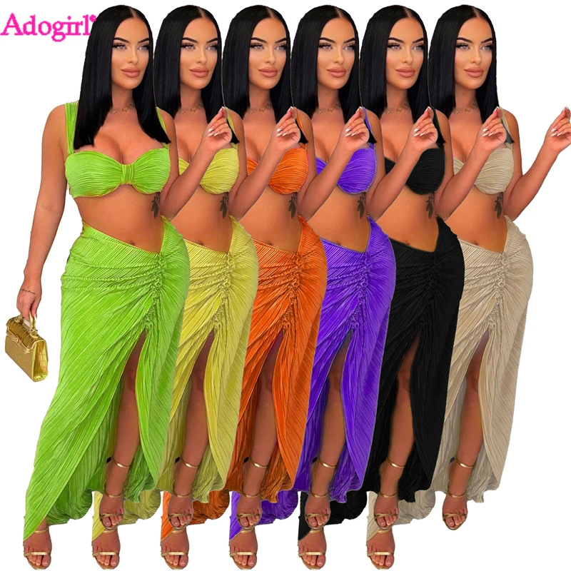 Adogirl Fashion Pleated 2 Piece Sets Women Sexy Spaghetti Straps Strapless Crop Tops High Split Maxi Skirts Beach Party Suits