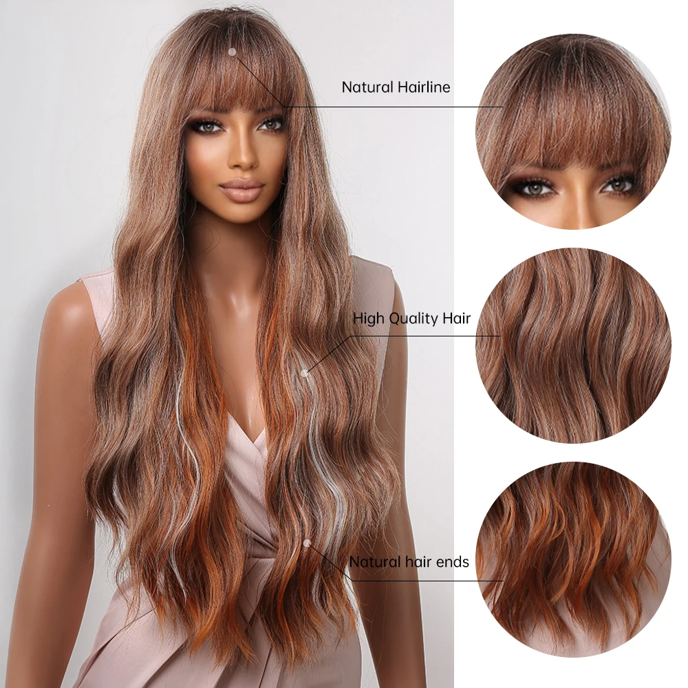 Long Brown Wavy Synthetic Hair Wigs Mixed Blonde Golden Bangs Wig Natural Wavy for Black Women Daily Party Wigs Heat Resistant