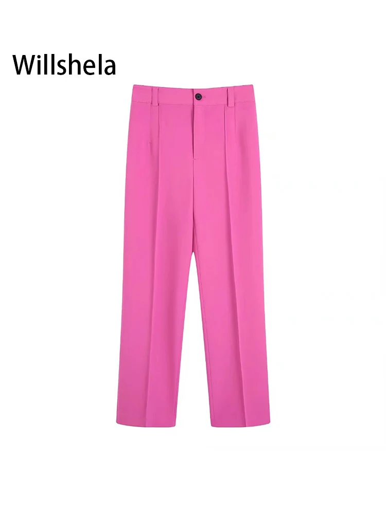 

Willshela Women Fashion Solid Front Zipper Trousers Vintage Mid Waist Female Chic Lady Long Pants