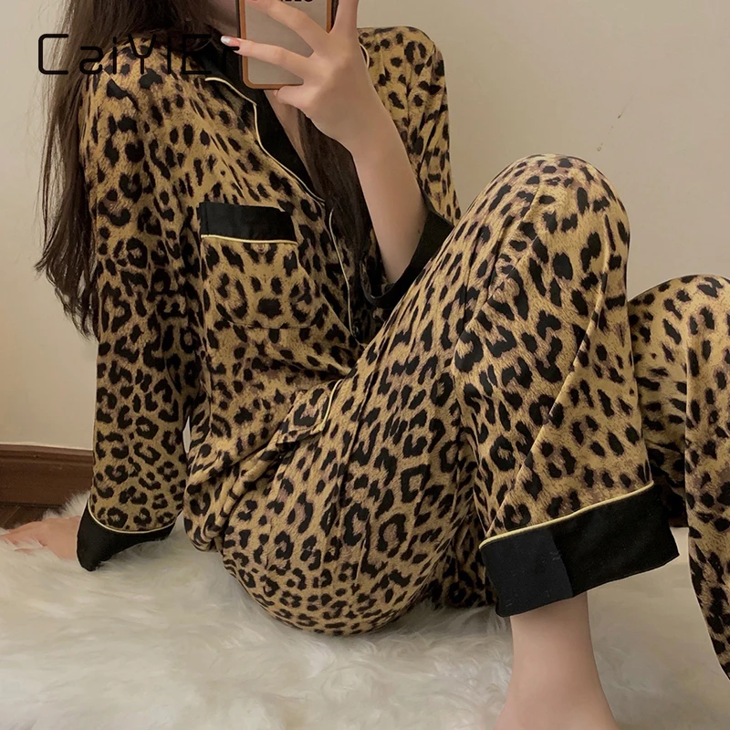 CAIYIER 2022 Autumn Winter Women Nightwear Sexy Leopard Grain Long-sleeved Cardigan Sleepwear Female Korean Leisure Pajamas Set