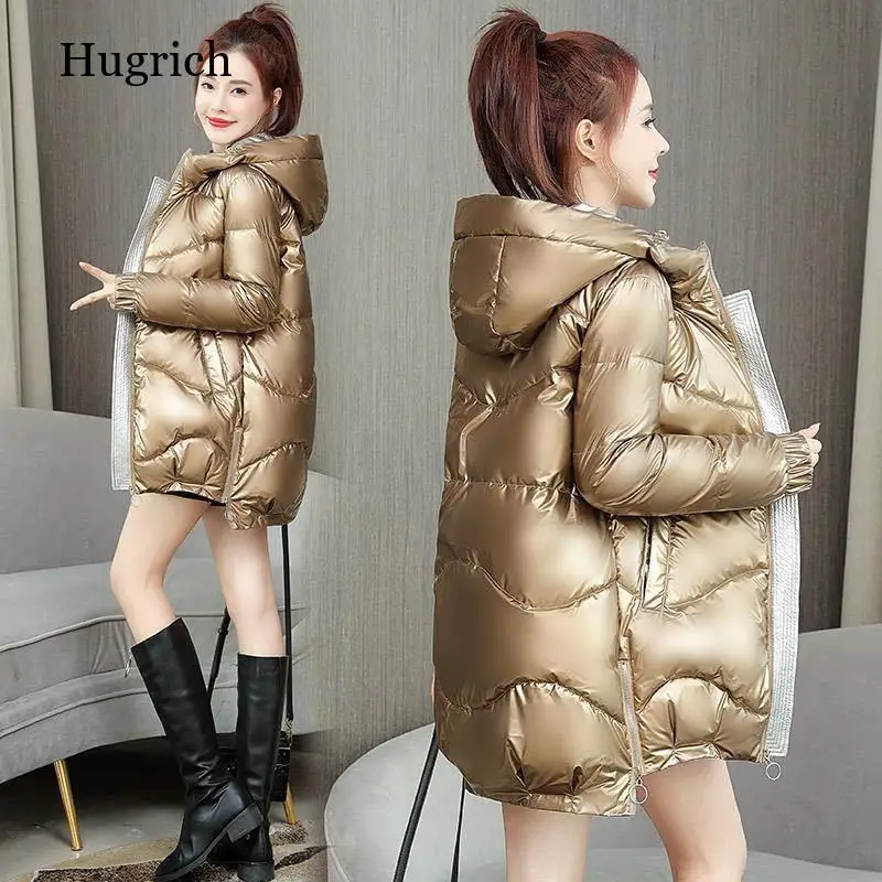 

Woman Jacket Parkas Coat Women's Cotton-Padded Clothes Long Fashion Loose Bright Leather Hooded Cotton Jacket Veste Femme