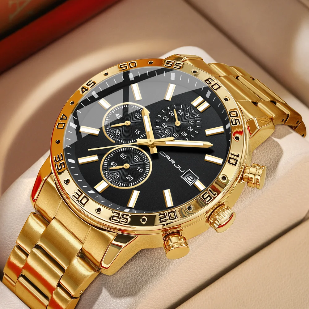 Часы CRRJU мужские из нержавеющей стали креативные модные светящиеся циферблаты с