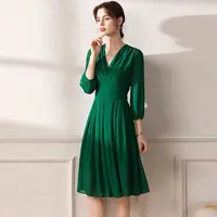 Simple Green Prom Gowns V-Neck A-Line Three Quarter Sleeve Knee-Length Pleat Draped Chiffon Evening Dresses robes de soirée