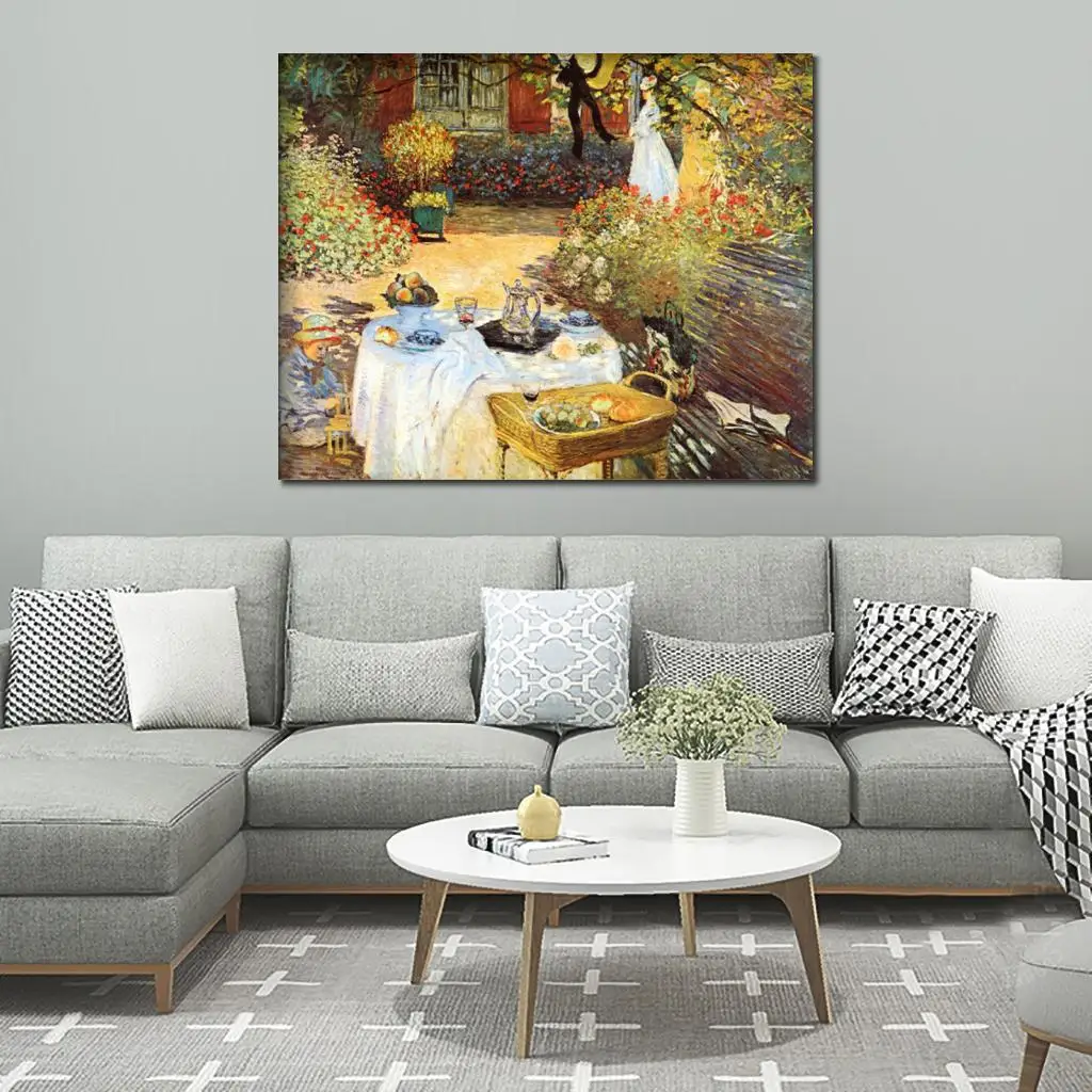 Картина Клода Моне "Обед", высокое качество, ручная работа на холсте, знаменитая садовая композиция, декор стен для столовой и кухни, современный стиль.