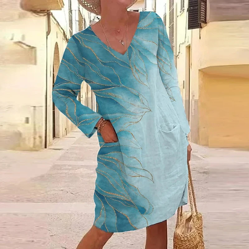 

Женское прямое платье с V-образным вырезом, элегантное офисное платье с длинным рукавом и карманами, праздвечерние чное платье с мраморным п...