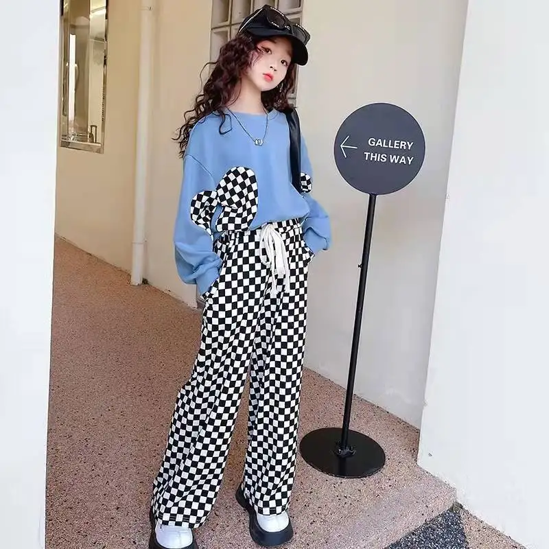 

2023 Girls Leisure Outfits Checkered Wide-Leg Pants+Patchwork Loose Top Two Pieces Korean Fashionable Children Spring