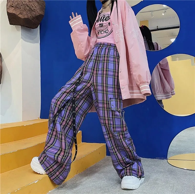 

Harajuku Plaid Gothic Punk Pants Korean Bandage High Waist Cargo Baggy Retro Kawaii Trousers Grunge Women Korean Sweatpants