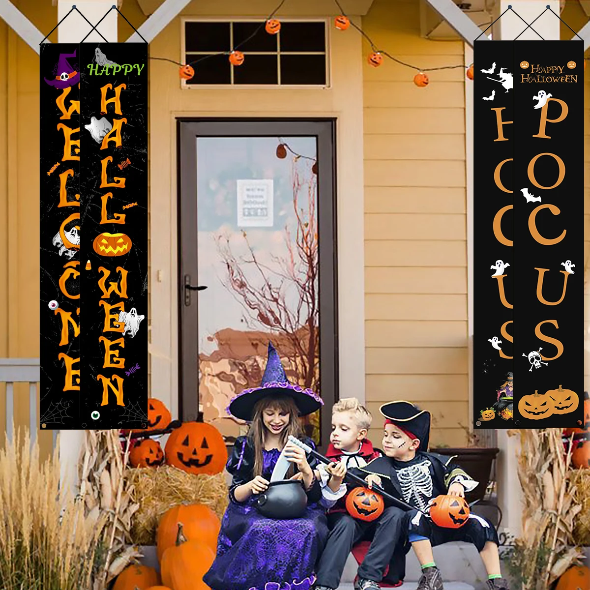 

L 1 Pair Halloween Porch Sign Decoration Halloween Banners with Spider Ghost Skeleton Pumpkin Patterns Reusable Halloween