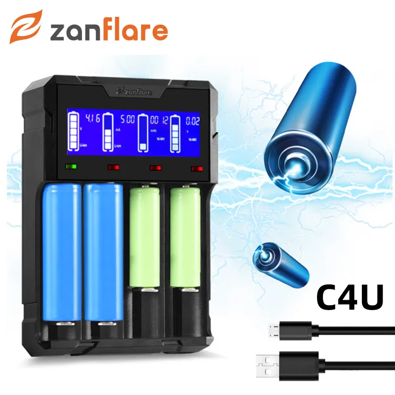 

Zanflare 18650 Battery Charger LCD Display 4 Slots Smart Charger for Li-ion Li-Fe Ni-MH Ni-CD 26650 16340 9V Batteri