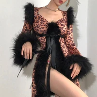 new style womens fashion flared sleeve sexy v neck low cut lace up printed leopard print nightclub club fur collar frayed dress